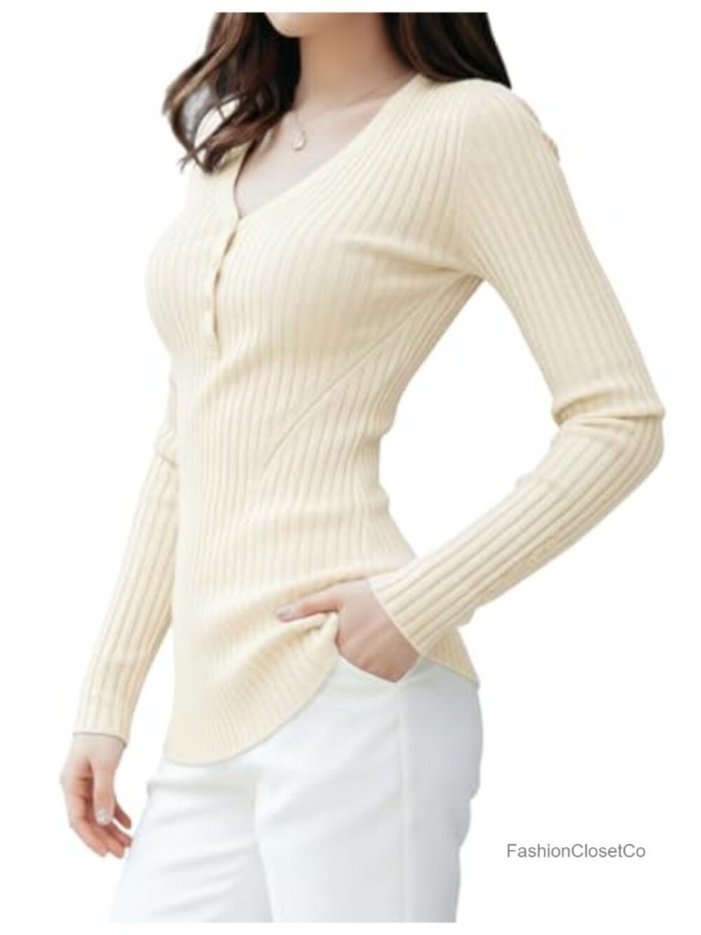 Women's V-Neck Long Sleeve Ribbed Knit Henley Pullover Sweater Slim Fit